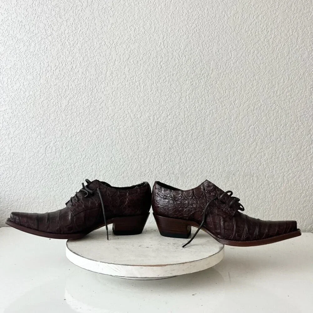 Rod Patrick Womens Lace Up Shoes 10 Brown Caiman Genuine Leather Western Loafers